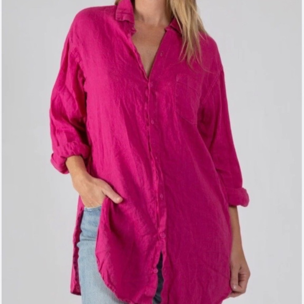 Linen Button Down Tunic, Hot Pink, Size Large